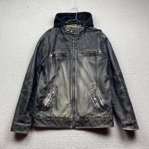 VTG B-STAR Faux Leather Moto jacket Distressed Punk Military Quilted Hood Sz S** - Picture 1 of 14